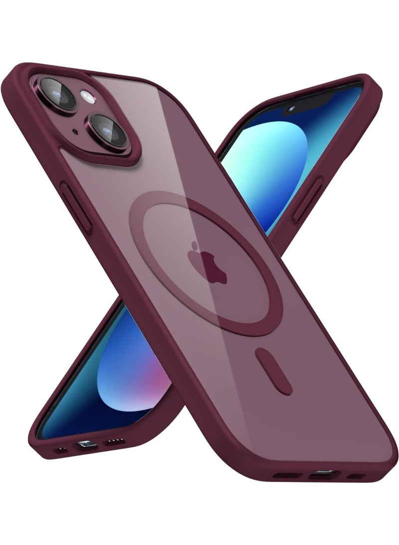 جراب مغناطيسي شفاف لهاتف آيفون 13 [مقاوم للصدمات ونحيف] غطاء خلفي صلب شفاف مع حماية عالية الجودة | أحمر داكن